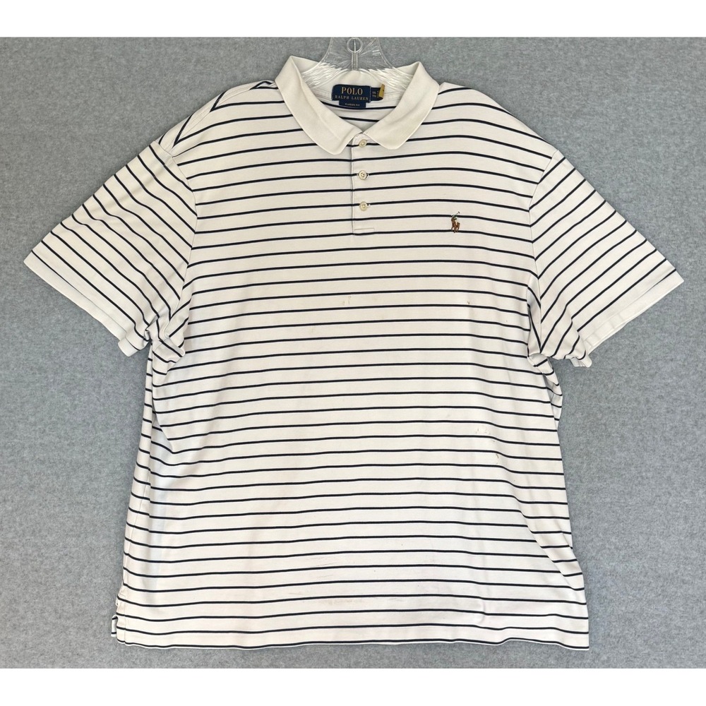 Polo Ralph Lauren Polo Shirt Mens XXL White Navy Blue Striped Classic Fit STAINS